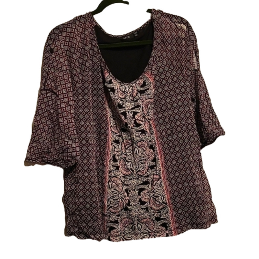 𝅺Apt 9 Cold Shoulder Black and Fuschia Multi patterned Blouse 1X